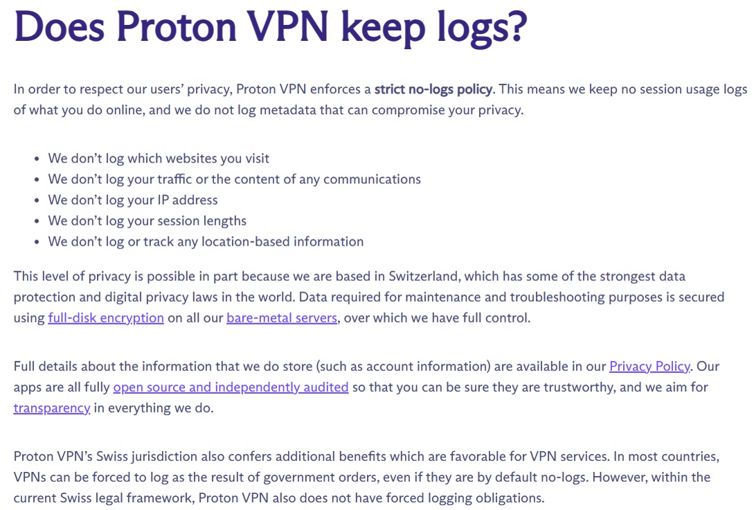 ProtonVPN logging policy extract